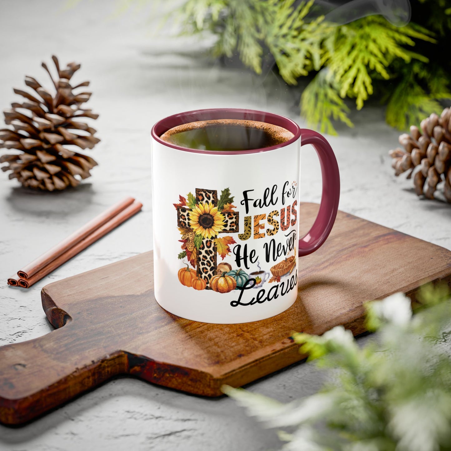 Fall for Jesus, He Never Leaves Mug