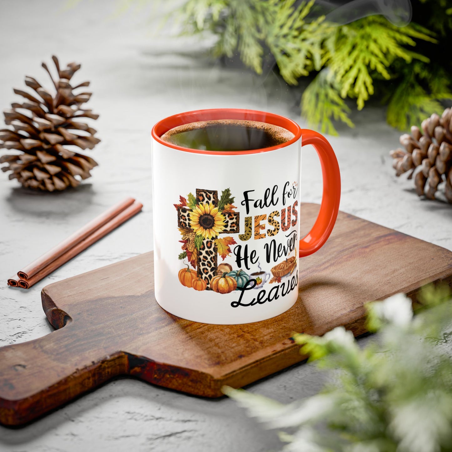 Fall for Jesus, He Never Leaves Mug