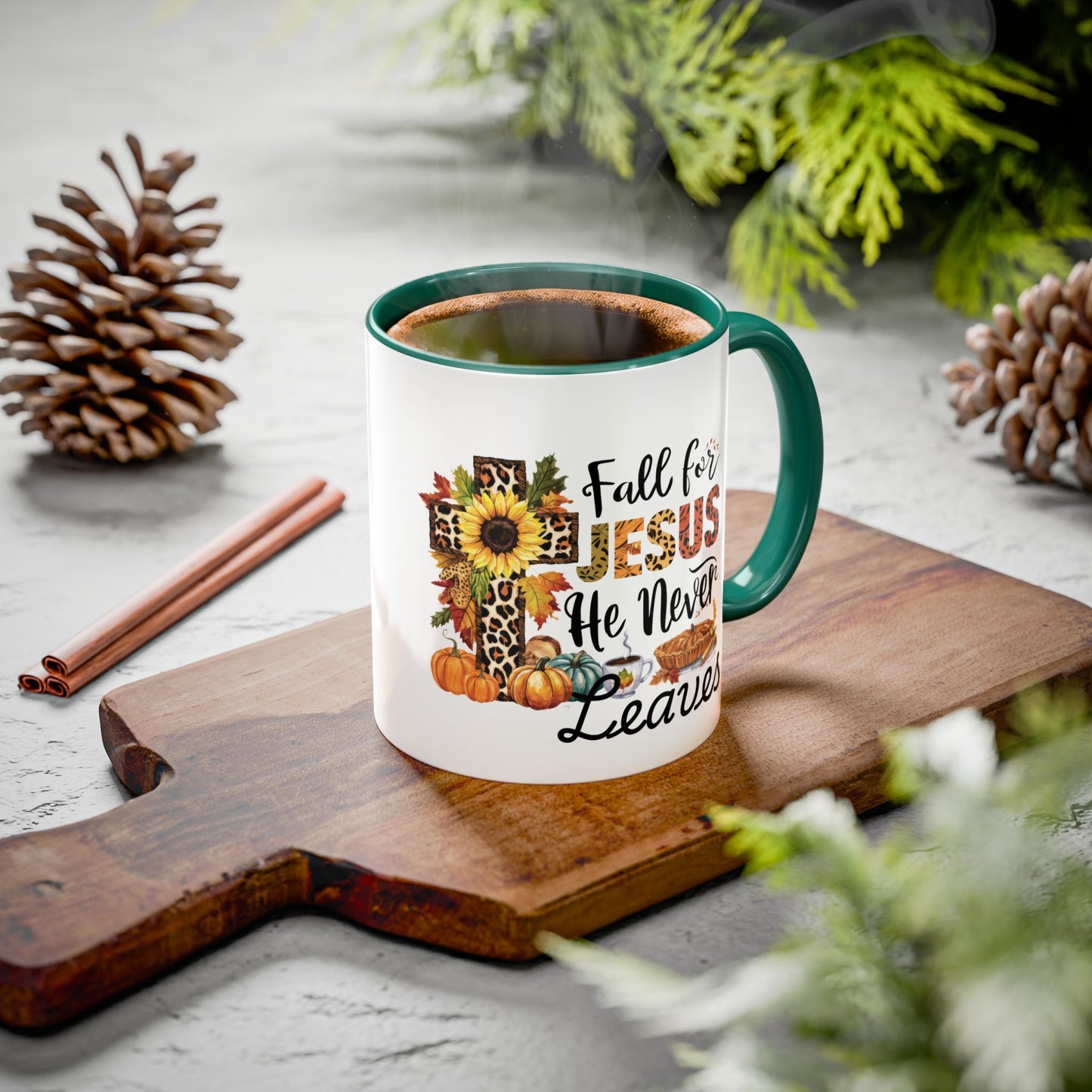 Fall for Jesus, He Never Leaves Mug