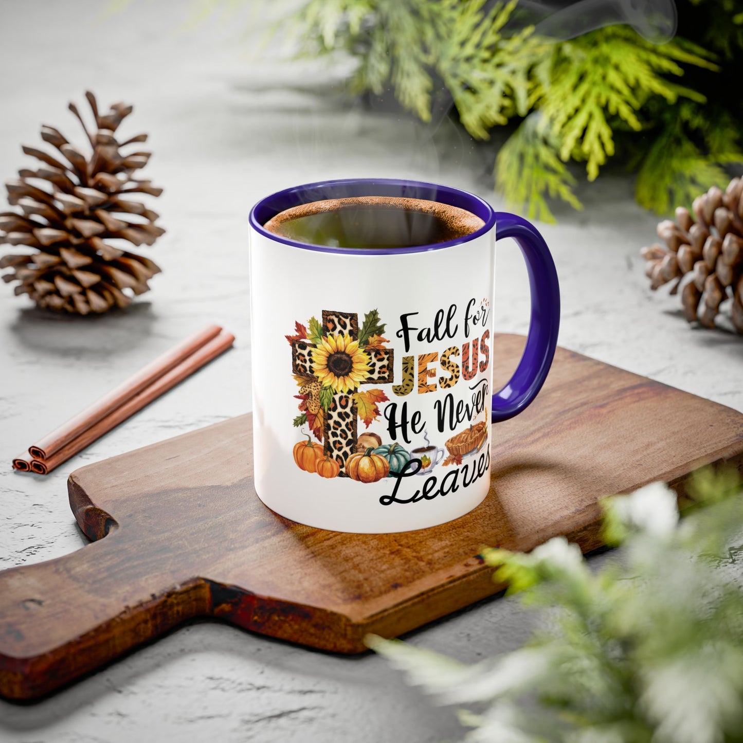 Fall for Jesus, He Never Leaves Mug