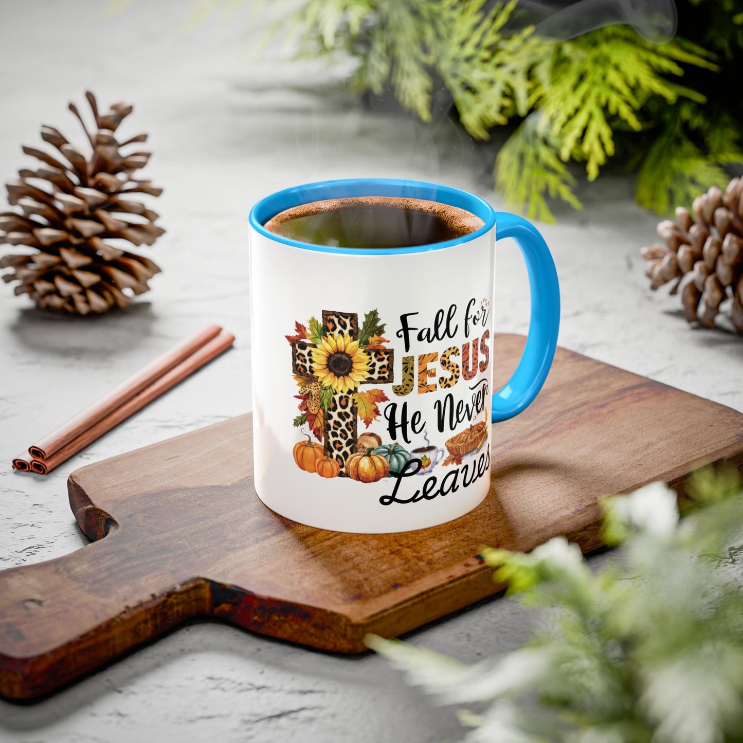 Fall for Jesus, He Never Leaves Mug