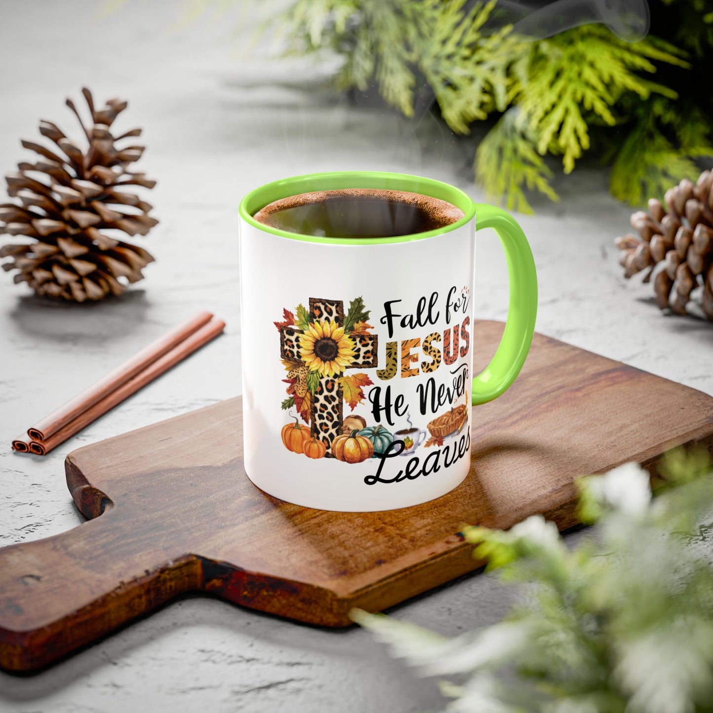 Fall for Jesus, He Never Leaves Mug