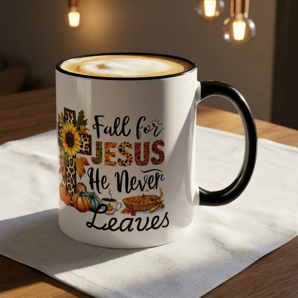 Fall for Jesus, He Never Leaves Mug