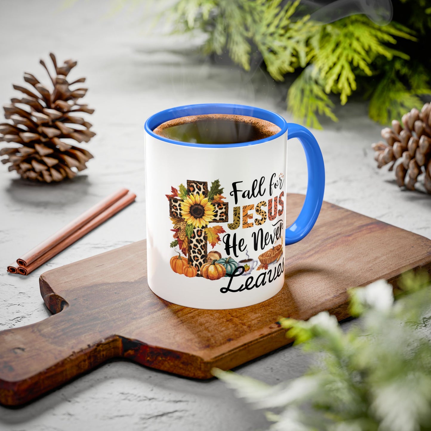 Fall for Jesus, He Never Leaves Mug