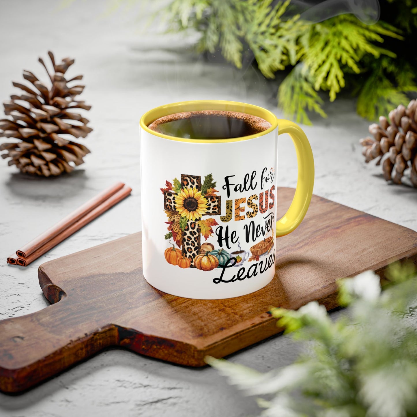 Fall for Jesus, He Never Leaves Mug