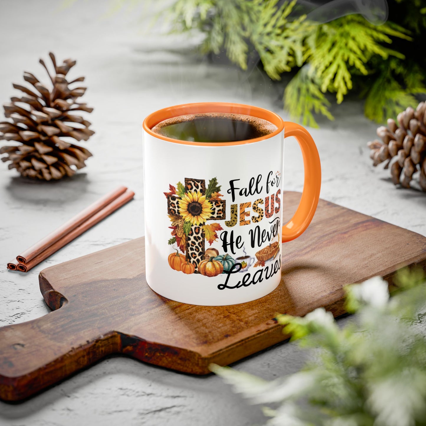 Fall for Jesus, He Never Leaves Mug